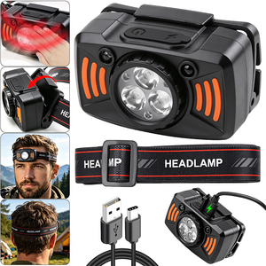 Lampe frontale à détecteur de mouvement rechargeable USB-C avec lumière rouge et <span class=keywords><strong>bandeau</strong></span> pour le camping, la randonnée, la course à pied, la pêche et le travail en extérieur - Product Image 1