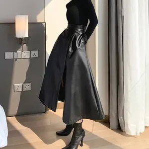 ZYHT 3608 vente chaude automne hiver fendu longue jupe taille haute une ligne en cuir noir Maxi jupe