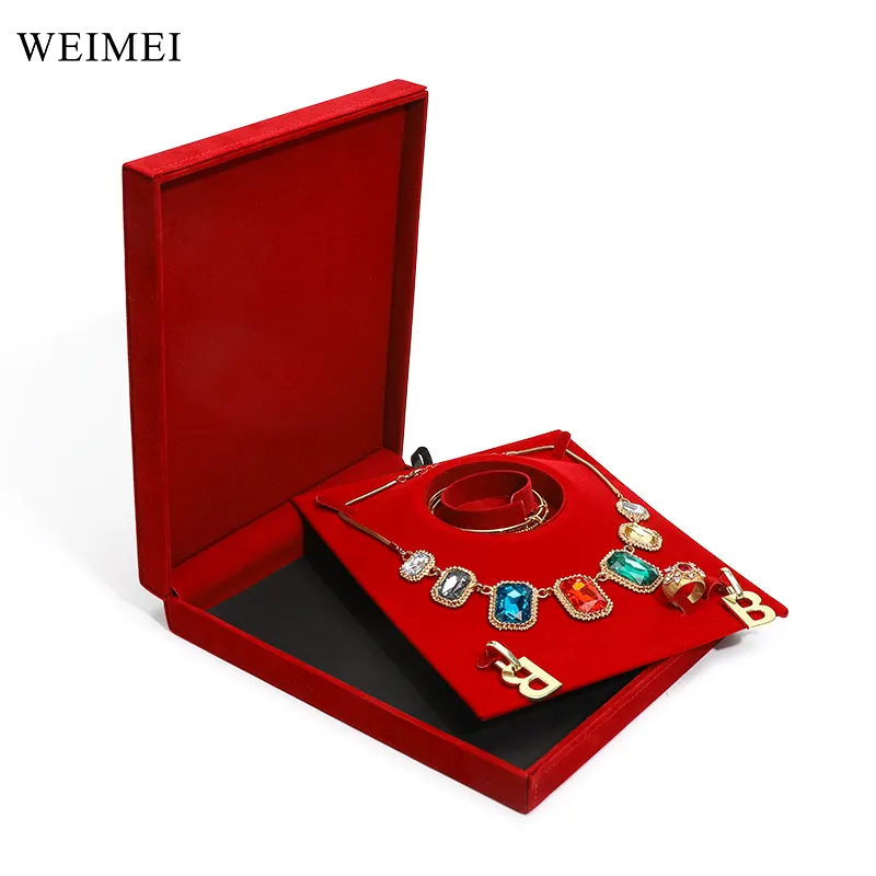 Weimei 극세사 스웨이드 보석 상자 사용자 정의 로고 하이 퀄리티 웨딩 벨벳 보석 선물 상자 펜던트 목걸이 세트 상자