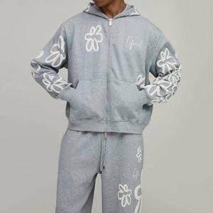 Sweat-shirt à capuche gris chiné à imprimé floral, pantalon de survêtement à motif floral sur toute la surface, ensemble de survêtement deux pièces personnalisé pour homme - Product Image 3