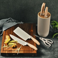 Couteau de cuisine TOALLWIN, couteaux en acier inoxydable avec manche en bois, ensemble de couteaux de chef avec support en plastique