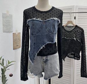 T-shirt a maniche lunghe con <span class=keywords><strong>frange</strong></span> irregolari in Denim GX-Plaid a rete in tessuto per snellire il corpo - Product Image 5