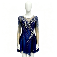 Robe de patinage artistique bleu marine, manches longues en maille, découpe circulaire au dos, ornée de strass, pour femmes et filles, compétition, spectacle sur glace
