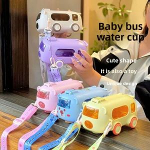 500ml <b>Cute</b> <b>Bear</b> Bus Shape Plastic Drinkware for Kids Portable Water Bottle with Shoulder Strap Car Straw Cup for Easy Drinking - Product Image 1