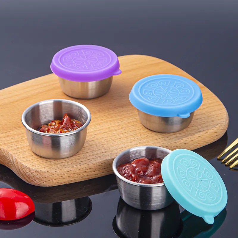 Reusable Mini Dips Food Storage Box Salad Tomato Dipping Sauce Cups Stainless Steel Condiment Sauce Cup with Lid