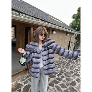 Moda señora cuello de piel de zorro impermeable grueso nuevo abrigo de piel largo chaqueta de invierno de piel con solapa de Chinchilla para mujer - Product Image 5