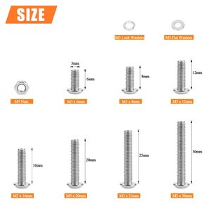 Kit de tuercas y arandelas para tornillos hexagonales de cabeza abombada M3, acero inoxidable 304, métrico M3x6 8 12 16 20 25 30 mm - Product Image 1