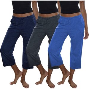 FOXA Pantalones capri de algodón para mujer, con cordón y bolsillos, ropa de dormir, paquete de 3, multicolor - Product Image 1