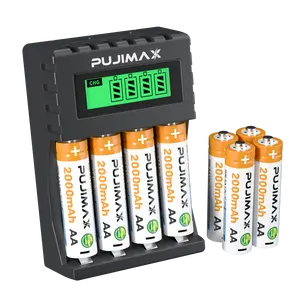 Зарядное устройство PUJIMAX aa aaa, 4 слота, смарт-ЖК-дисплей, nimh nicd, зарядное устройство для аккумуляторов, 4 шт., 1,2 В, aa, nimh аккумуляторная батарея 2000 мАч