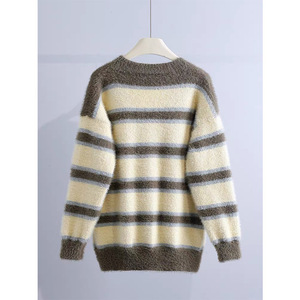 Dalang Sweater Factory Striped <b>Cardigan</b> For Women Autumn Winter Thickened Loose Fit Knitted Sweater Apricot Group - Product Image 2