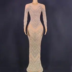 Long Lace Hot Sale Sexy Fake Flesh-Colored Dress Back Slit Long Sleeve Rhinestone Dress Factory Outlet Dropshipping Maxi Dress