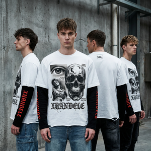 Sweat-shirt surdimensionné personnalisé coupe carrée, col rond, bords bruts, streetwear homme, imprimé DTG motif squelette, haut à double manche - Product Image 1