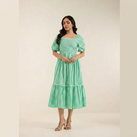 Robe midi rayée verte à manches bouffantes, col carré, coupe trapèze, en coton, décontractée, respirante, avec ourlet superposé, pour femme, tenue quotidienne d'été