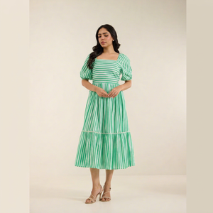 Green Striped Puff Sleeve Midi <b>Dress</b> Square Neck A-Line Cotton Casual Summer <b>Dress</b> Breathable Layered Hem Women's Daily Wear - Product Image 2