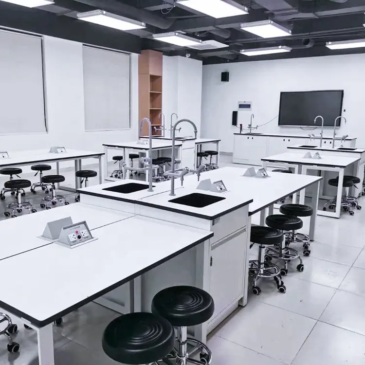 Mesa de trabajo con muebles para laboratorio escolar, Banco de laboratorio universitario con fregadero