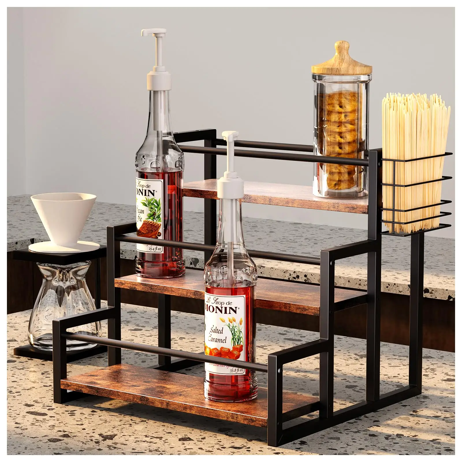 Cà phê Bar 12 chai lưu trữ cà phê Syrup đứng ironwood cà phê Syrup chủ Organizer Rack