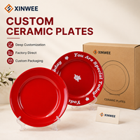Platos de Cena de Cerámica Rojos Sólidos Personalizados, Seguros para LFGB y FDA, con Estampado de Rosas, Platos Redondos de Porcelana con Eslogan Personalizado, Regalo Personalizado