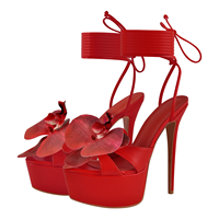 Sepatu Hak Tinggi Kulit PU Warna-warni Pink, Model Open Toe, Sandal Bertali Musim Panas, Sandal Platform Bunga, Ukuran Besar 46