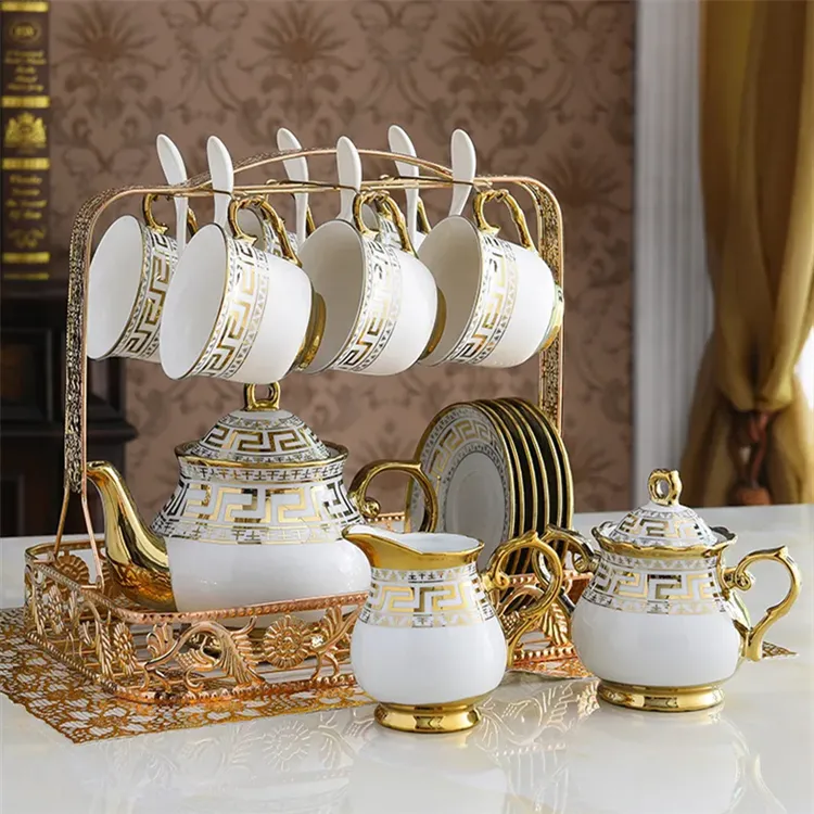 Wholesale exquisite european style decal printed tea cups royal golden afternoon luxury ceramic coffee tea sets for gift