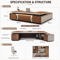 Bureau de direction en placage de bois, bois blanc bicolore avec éclairage LED, grand rangement, bureau de patron pour manager, bureau du président
