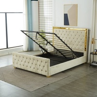 Lit double avec rangement, tête de lit haute capitonnée en velours, style européen luxueux, beige crème, avec bordure dorée