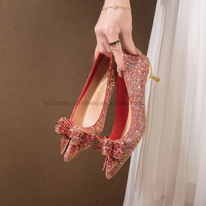 Summer Fashion Trend High Quality Large Size <b>Red</b> Chinese Wedding Single Shoe for Women New Sequin Design Thin <b>Heel</b> Pointed - Product Image 4