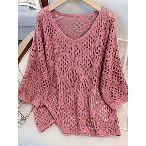 Women's Open Knit V-Neck Long Sleeve 100% Cotton <b>Pullover</b> <b>Sweater</b> - Product Image 2