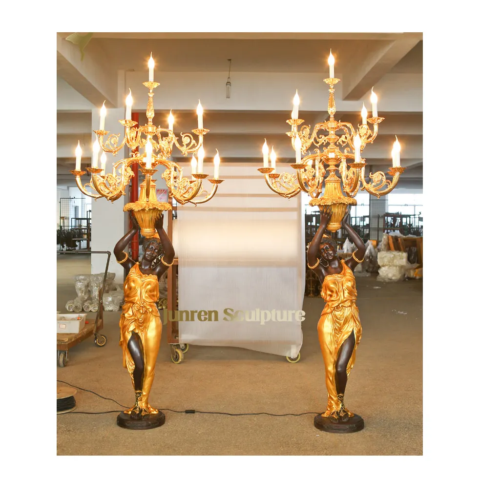Indoor home decoration luxury golden color bronze human lady sculpture floor lamp wholesale