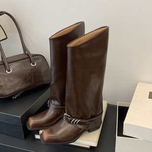 Botas de Combate a Media Pantorrilla con Punta Cuadrada y Correa con Hebilla, de Cuero Genuino, Tacón Plano, Suela de Goma Antideslizante, Estilo Otoñal - Product Image 3