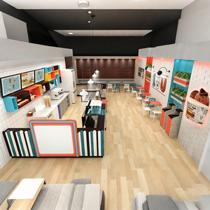 Airy Luxe Bakery & Coffee Market Stall Featuring Glass Display Case, Open Tiered Shelving, and Integrated Warm Lighting - Product Image 6