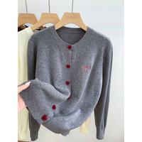 Cardigan en tricot brodé à col rond et nœud, manches longues, style coréen décontracté pour femme, pull d'intérieur automne-hiver