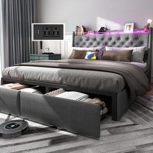 Letto Matrimoniale con Stazione di Ricarica e Testiera, Letto Queen Imbottito con Bottoni e 2 Cassetti Portaoggetti - Product Image 2