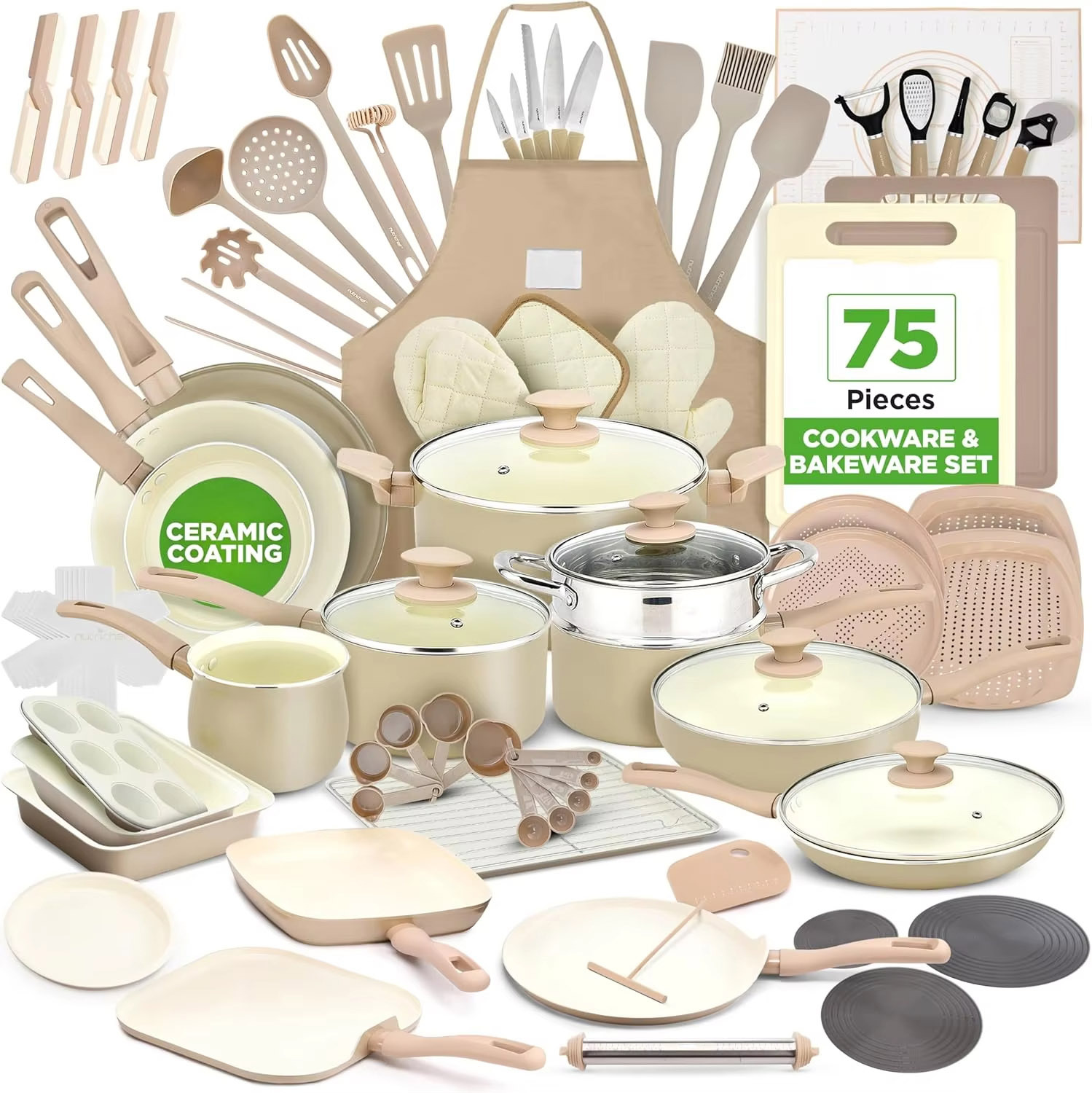 75-Piece Non-Stick Pots and Pans Set Carbon Steel Cookware Set with Bakeware Utensils Knife Set and Accessories
