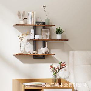 Creative Iron and Wood Combination <b>Wall</b>-<b>Mounted</b> <b>Shelf</b> with Three-Tier Floating <b>Shelf</b> for Living Room <b>Wall</b>-<b>Mounted</b> Storage and - Product Image 2