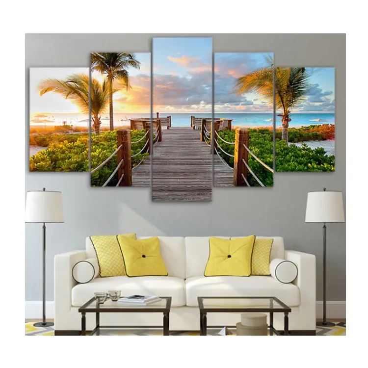 5 Panels Ocean Dock Landscape Wall Art Canvas Painting Framed Home Decor Living Room Bedroom Wall Picture