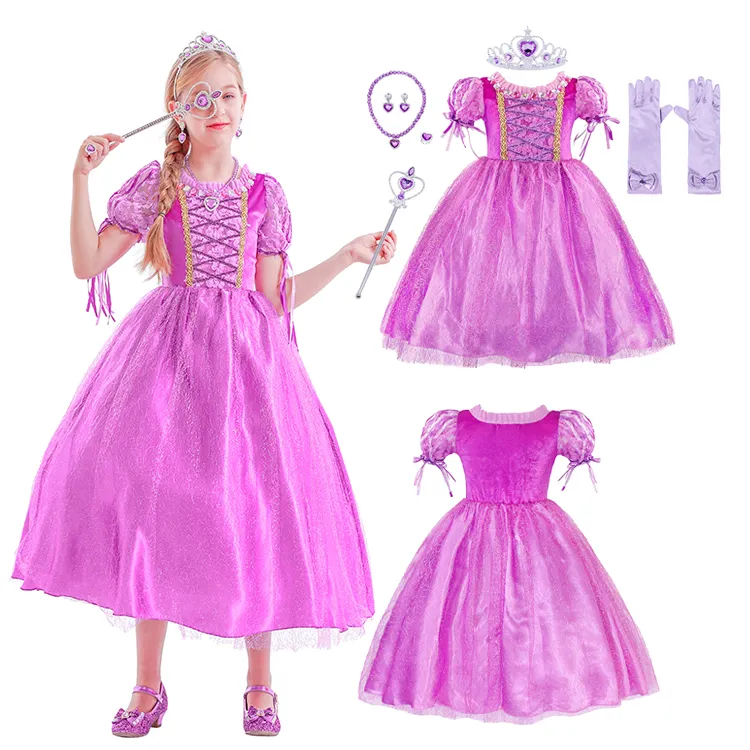 Disfraz de princesa Rapunzel púrpura para niñas de 3 a 10 años, disfraz de Halloween, Cosplay, fiesta de cumpleaños, con accesorios