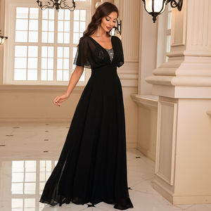 Kadınlar V Yaka Kontrast Pullu Fırfırlı Kol Sırtı Açık Fırfırlı Yerlere Kadar Şifon Abiye Siyah Zarif Balo Parti Akşam Elbisesi - Product Image 1