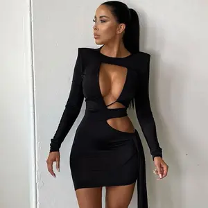 Toptan rahat siyah Bodycon uzun kollu Vestidos oymak kadınlar seksi elbise