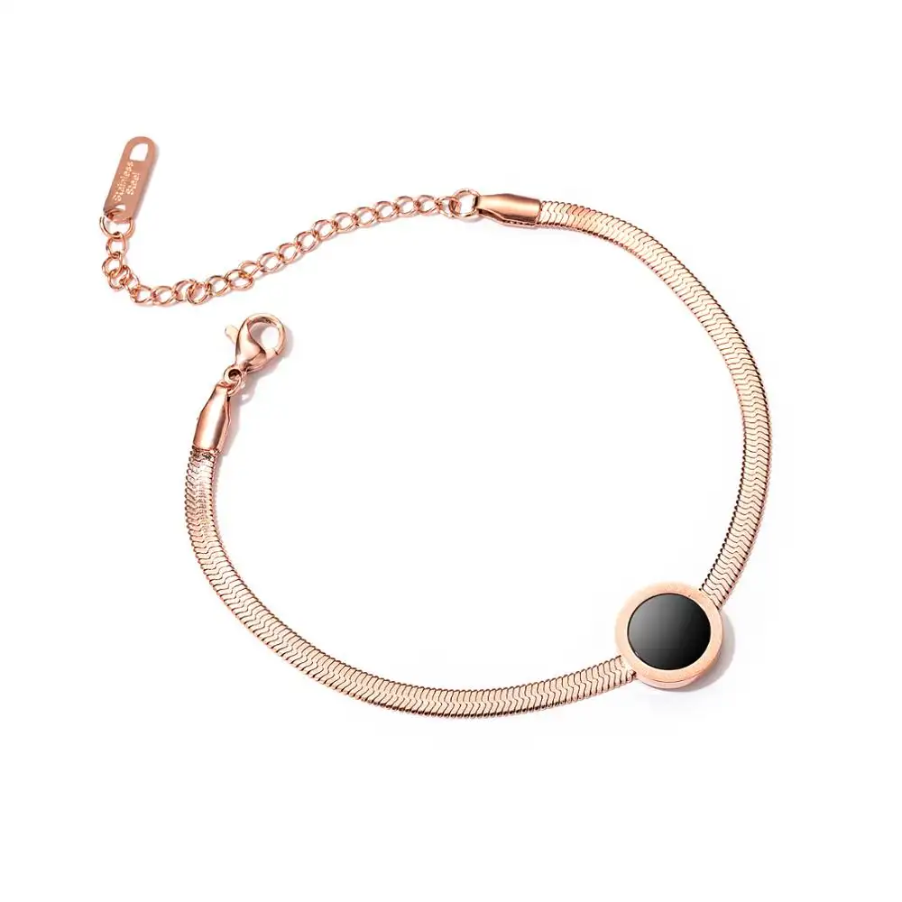 Noter — Bracelet minimaliste, en acier inoxydable, or Rose, maille serpent, fine, breloque ronde à quatre feuilles, pour fille, vente en gros