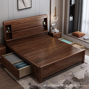 Nordic Style Solid Wood Storage Bed 1.8m Master Bedroom <b>Walnut</b> Modern Minimalist With <b>Drawer</b> And Shelf For Adults - Product Image 2
