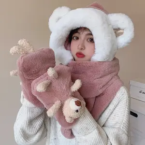 Wholesale New Design Funny Christmas Gift Women Cute 3pcs hat and scarf sets Thick Warm Winter Fur Plush Scarf Hat Gloves Set