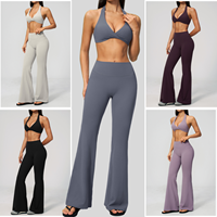 Ensemble de vêtements de sport personnalisé avec logo, soutien-gorge de sport dos nu, pantalon de yoga taille haute froncé aux fesses, coupe évasée, pour femme