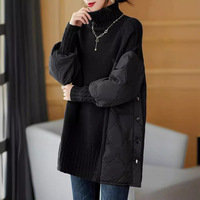 Suéter de cuello alto patchwork para mujer, suéter grueso y holgado de otoño/invierno, abrigo cálido de moda con diseño de longitud media
