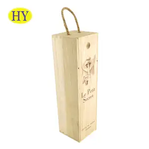 Custom Unfinished Wooden Wine Liquor Storage Case Single Wine Bottle Gift Packaging Wood Whiskey Set Box With Rope Handle