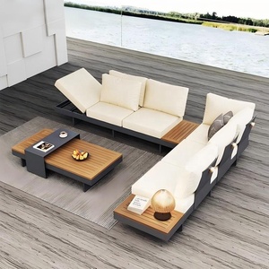 Ensemble de canapé modulaire d'extérieur en aluminium et teck avec fauteuils inclinables réglables, coussins résistants aux intempéries et table basse, meubles de jardin et de terrasse - Product Image 1