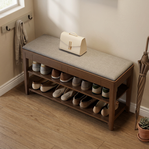 US Stock Mid-Century Solid Wood <b>Shoe</b> Rack Modern Home Furniture <b>Shoe</b> Storage <b>Bench</b> Cushion Hidden Drawer 2-Tier for Entryway - Product Image 3