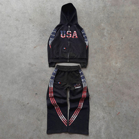 Ensemble de survêtement personnalisé avec broderie, patch et effet vieilli, comprenant un sweat à capuche haute densité et un pantalon de jogging ample, ensemble de jogging 2 pièces