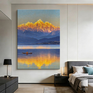 Peinture à l'huile sur toile moderne italienne minimaliste, paysage de montagne dorée au coucher du soleil, décoration de salon, œuvre d'art - Product Image 5