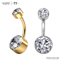 Anneaux de nombril barbell en titane ASTM F136 doré à double tête, fond plat circulaire, zircone incurvée, bijoux de corps perforés