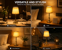 Lampe de table sans fil Serene avec base dorée champagne et abat-jour plissé pour table de chevet, ambiance douce